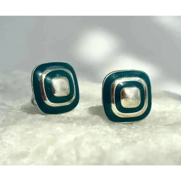 Vintage Silver Toned & Green Enamel Rounded Square 80's Clip on Stud Earrings - Picture 1 of 5